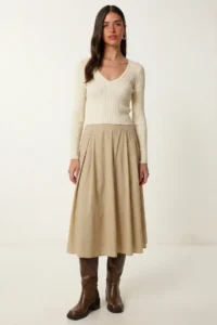 Lovelyİstanbul Summer flared Midi Weaving Skirt  Beige - Image 2