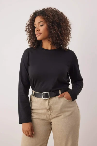 Trendyol Curve Black 100% Cotton Long Sleeve Crew Neck Regular Basic Knitting Plus Size T-Shirt