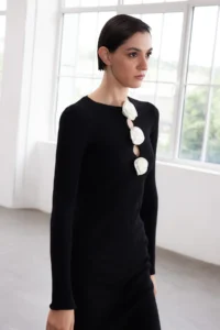 TRENDYOLMİLLA Black Maxi Premium/Special Yarn Knitwear Rose Detailed LONG Dress - Image 3