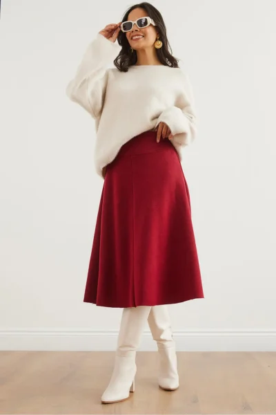 Olalook Women's Burgundy Waist Banded Thessaloniki Bell Skirt