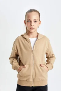DeFacto Girl's Basic Plain Hooded Zippered School Cardigan - Image 3