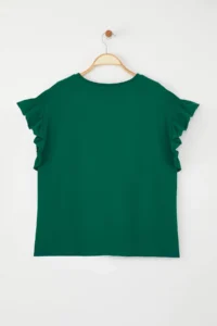 Trendyol Curve Emerald Green Crew Neck Sleeves Frilly 100% Cotton Knitting T-Shirt - Image 8