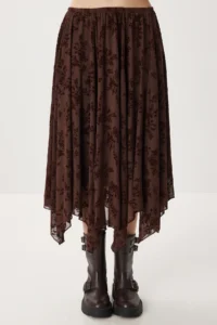Lovelyİstanbul Velvet Patterned Asymmetric Tulle Skirt  BROWN - Image 4