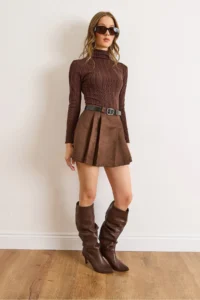 Olalook Women's Brown Belted Pleated Suede Mini Skirt with Shorts - Image 5