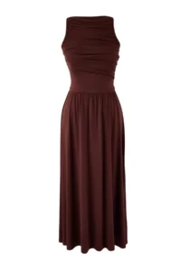 TRENDYOLMİLLA Limited Edition Brown A-Line/Life Boat Neck Shirred LONG Soft Knitting Dress - Image 5