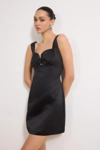 TRENDYOLMİLLA Black Satin Bow Detailed Mini Dress - Image 2