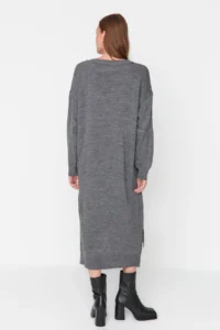 TRENDYOLMİLLA Anthracite Maxi Knitwear Wide Pattern Dress - Image 5