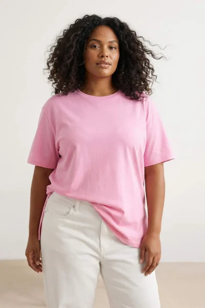 Trendyol Curve Pink relaxed Crew Neck slit 100% Cotton Knitting T-Shirt