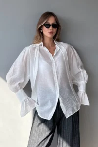 TRENDYOLMİLLA White Binding Detailed Lightly Transparent Soft Feeling Boho Shirt - Image 3