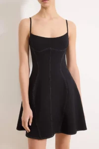 TRENDYOLMİLLA Black Mini Flexible Weaving Dress with Contrast Stitching Detail - Image 3