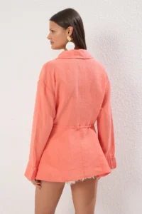 TRENDYOLMİLLA Coral Weaving Arched 100% Linen Maxi Beach Shirt - Image 8