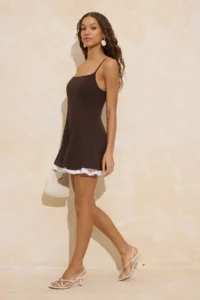 TRENDYOLMİLLA Brown Skirt Detailed Godeli polyviscone Mini Weaving Dress - Image 2