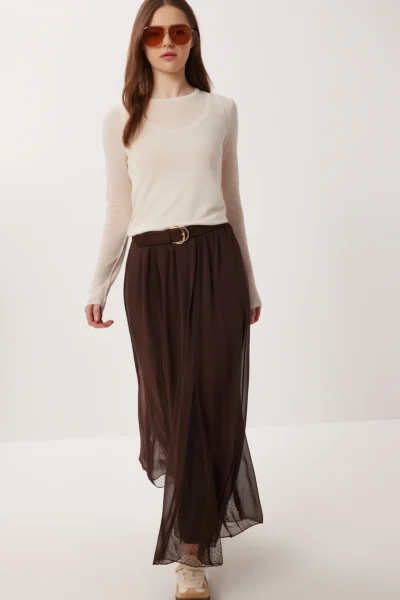 Lovelyİstanbul Wrinkle Effect Tulle Chiffon Skirt  BROWN