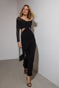 TRENDYOLMİLLA Black Window/Cut Out Detailed Tulle Knitting Maxi Evening Gown Graduation Dress