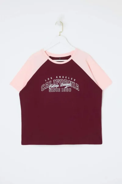Trendyol Curve Burgundy Color Bloklu Printed 100% Cotton Knitting Plus Size T-Shirt
