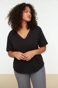 Trendyol Curve Black V-neck Basic 100% Cotton Knitting T-Shirt
