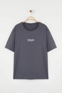 Trendyol Curve Anthracite Oversized Fit 100% Cotton Front and Back Printed Knitting Plus Size T-Shirt - Image 5