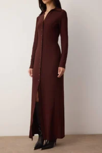 TRENDYOLMİLLA Brown Polo Shirt Collar buttoned bodycone/Fitting Maxi Knitting Dress - Image 3