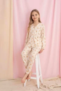 Tarık Girl's Beige Teddy Bear Pattern Front Buttoned Long Sleeve Knitted Combed Cotton Fabric Pajama Set