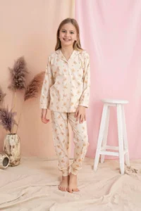 Tarık Girl's Beige Teddy Bear Pattern Front Buttoned Long Sleeve Knitted Combed Cotton Fabric Pajama Set - Image 2