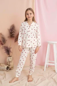 Tarık Girl's Heart Pattern Front Buttoned Long Sleeve Knitted Combed Fabric Pajama Set - Image 2
