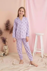 Tarık Girl's Lilac Bow Pattern Front Buttoned Long Sleeve Knitted Combed Cotton Fabric Pajama Set