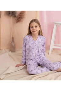 Tarık Girl's Lilac Bow Pattern Front Buttoned Long Sleeve Knitted Combed Cotton Fabric Pajama Set - Image 2