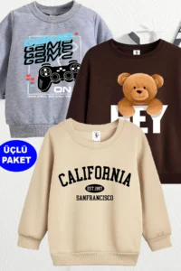 twins tailors California And Game Joystick Printed 3 Pack Unisex Gray-Brown-Beige Kids Sweatshirt