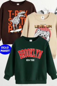twins tailors Brooklyn And Joystick Printed 3 Pack Unisex Green-Beige-Brown Kids Sweatshirts