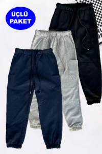 twins tailors 3 Pack Unisex Grey-Navy Blue-Black Kids Sweatpants with Elastic Legs and Fleece Inside