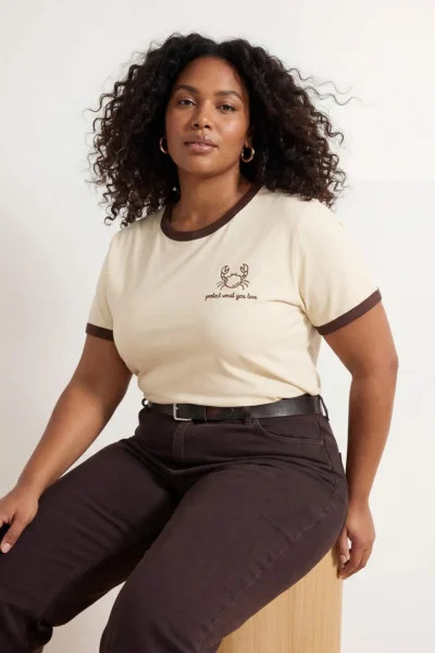 Trendyol Curve Stone 100% Cotton Embroidered Kontrast Biye Detailed Knitting Plus Size T-Shirt
