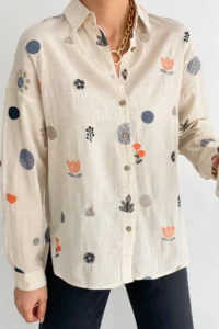 FEMELLE Women's Embroidery Folded Sleeve Linen Cotton Shirt