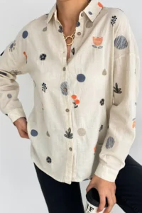 FEMELLE Women's Embroidery Folded Sleeve Linen Cotton Shirt - Image 2