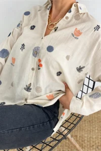 FEMELLE Women's Embroidery Folded Sleeve Linen Cotton Shirt - Image 3