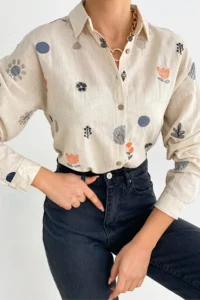 FEMELLE Women's Embroidery Folded Sleeve Linen Cotton Shirt - Image 4