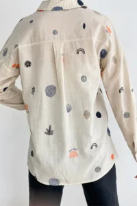 FEMELLE Women's Embroidery Folded Sleeve Linen Cotton Shirt - Image 5