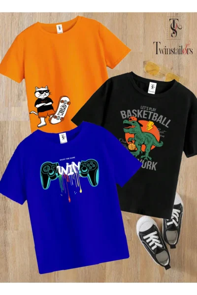 twins tailors Game Console Printed 3-Pack Unisex Orange-Black-Sax Blue Children's T-Shirt