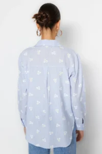 TRENDYOLMİLLA Mavi Striped flower patterned Cotton Oversized Wide Pattern Weaving Shirt - Image 10