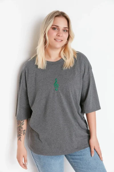Trendyol Curve Anthracite Wide Pattern Embroidery Detailed Knitting Plus Size T-Shirt