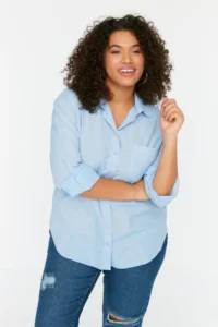 Trendyol Curve Mavi Loose Fit Cotton Long Sleeve Plus Size Weaving Shirt - Image 3