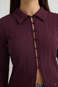TRENDYOLMİLLA Plum textured Fitted Bele Oturan Weaving Shirt - Image 4