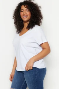 Trendyol Curve Black-White 2 Sets Paket Basic V-neck 100% Cotton Knitting Plus Size T-Shirt - Image 4
