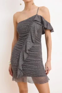 TRENDYOLMİLLA Brown-Multicolored Polka Dot Frilly Tulle Short / Mini Lined Elegant/Evening Dress - Image 3