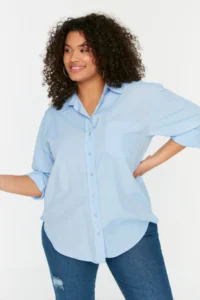 Trendyol Curve Mavi Loose Fit Cotton Long Sleeve Plus Size Weaving Shirt - Image 4