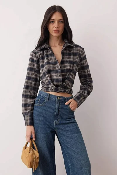 TRENDYOLMİLLA Brown-Multicolored Checkered Tie Back Flannel Shirt