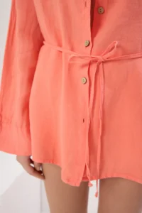 TRENDYOLMİLLA Coral Weaving Arched 100% Linen Maxi Beach Shirt - Image 3