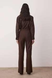 TRENDYOLMİLLA Dark Brown Straight/Plain Cut High Waist Ribbed Stitched Weaving Pants - Image 4