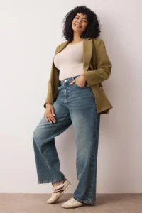 Trendyol Curve Mavi Soluk Efekt Vintage High Waist Wide Leg 100% Cotton Non-Stretch Wide Leg jeans
