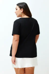 Trendyol Curve Black relaxed Floral Embroidery Detailed 100% Cotton Knitting Plus Size T-Shirt - Image 6
