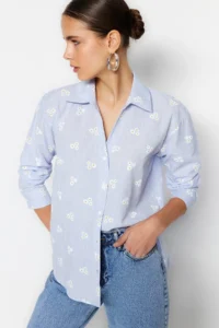 TRENDYOLMİLLA Mavi Striped flower patterned Cotton Oversized Wide Pattern Weaving Shirt - Image 6